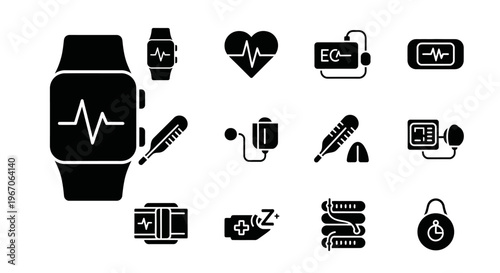 Wearable Technology Icon Set UI UX, Smartwatch Fitness Tracker Flat Vector Icons Pack