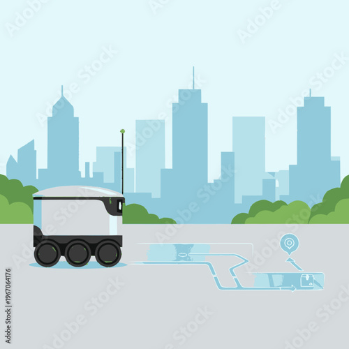 Autonomous delivery robot on city street with futuristic interface.