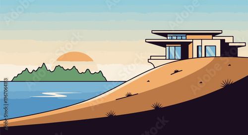 Modern coastal residence overlooking serene water and distant green island at sunrise