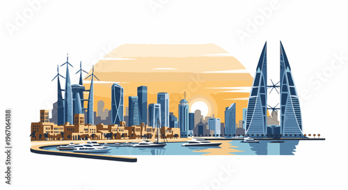 Modern city skyline with unique architecture against a sunset