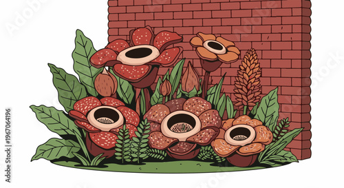 Large, striking flowers with spotted petals bloom beside a brick wall