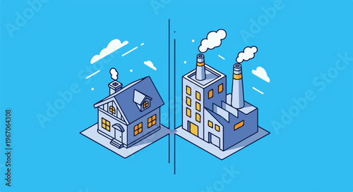 Isometric cartoon houses and factories on blue sky background