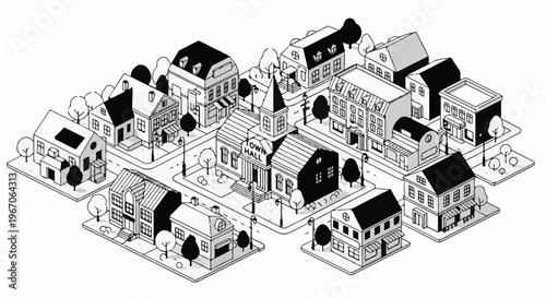 Isometric cartoon town with a central town hall and various buildings