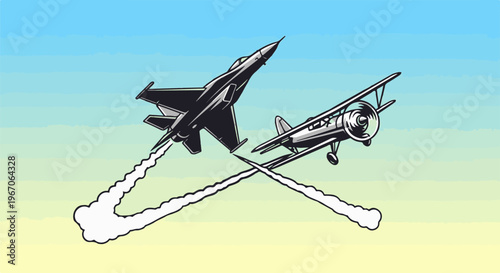 Modern fighter jet and vintage biplane soar across a gradient sky