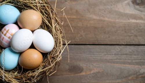  Easter greeting card with easter eggs in nest. Top view flat lay with copy space