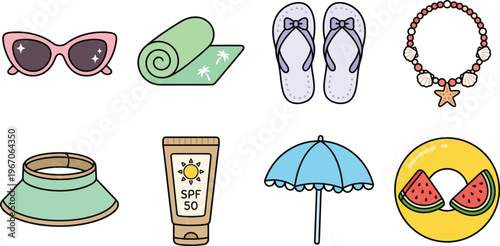 Cute Beach Accessories Collection Sunglasses Towel Flip Flops Seashell Jewelry Flat Vector