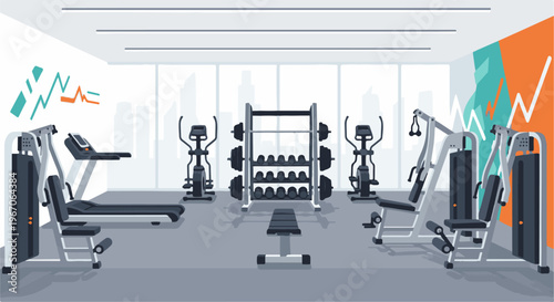 Modern gym interior with cardio machines, weight rack, and strength equipment