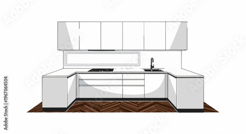Minimalist modern U-shaped kitchen with integrated appliances and herringbone flooring