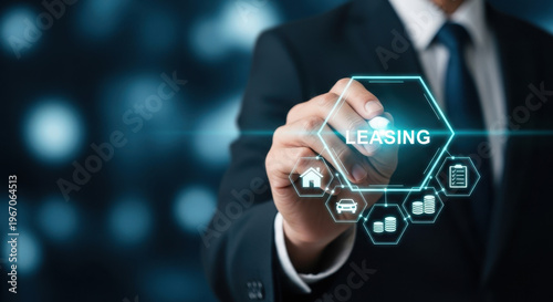 Digital leasing service and asset financing concept with business professional selecting leasing solution on virtual interface for vehicle, property and equipment financing management