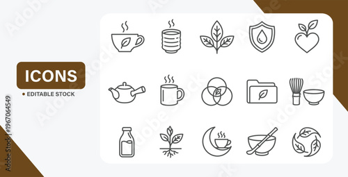 Green tea and matcha icon set with wellness, antioxidant, and beverage symbols