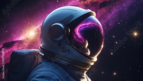 Mysterious astronaut gazing into cosmic nebula and distant stars