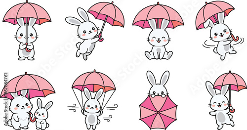 Cute Rabbit Characters Playing Pink Umbrellas Flat Vector Illustration