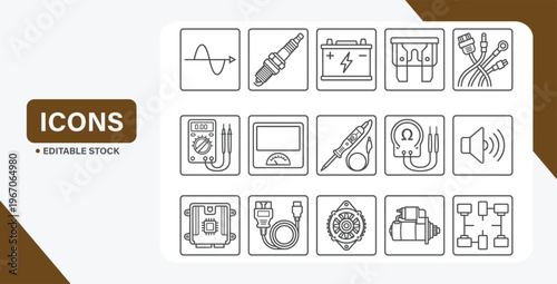 Automotive electrical system icon set with symbols, tools, and diagnostic components