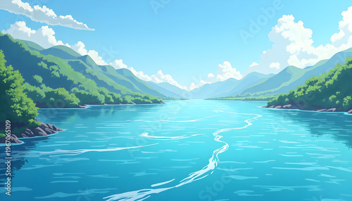 Serene Mountain River Scenic Landscape with Bright Blue Sky and Lush Green Hills