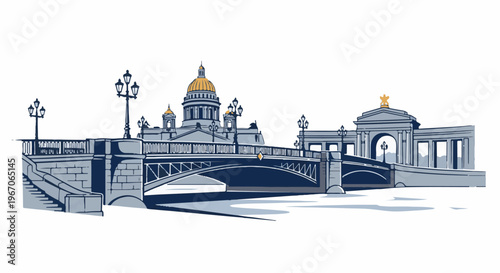 Iconic cityscape featuring a grand domed building, ornate bridge, and classical architecture