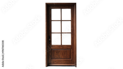 Canvastavla Dark brown wooden door with six glass panes and a metal handle, isolated on tran