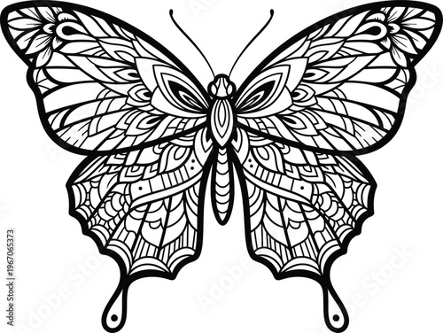 Intricate Mandala Butterfly Line Art Illustration.