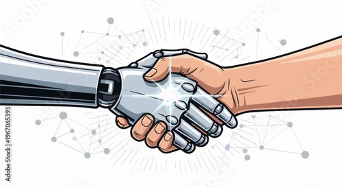 Human and robot handshake symbolizes technology collaboration and future progress