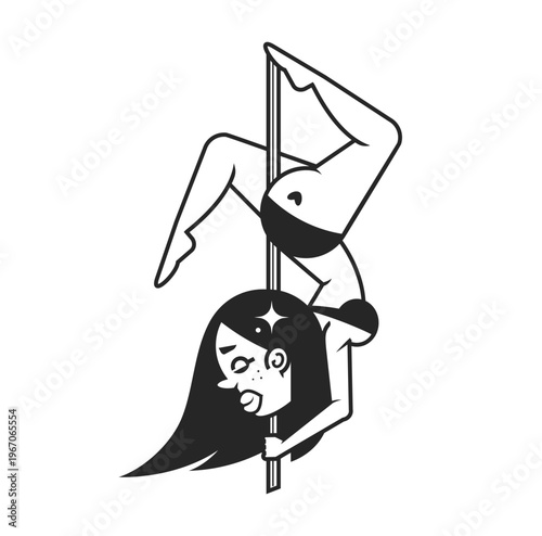 Pole dancer continuous line drawing, tattoo, dancing girl beautiful female abstract silhouette, print for clothes and logo design, silhouette on black