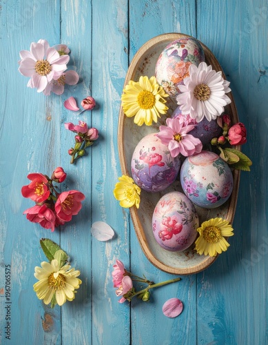 Easter eggs with floral decoration on blue wooden background