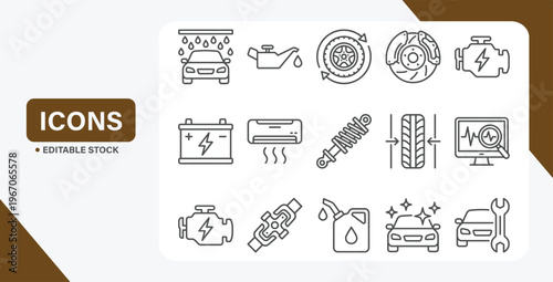 Automotive service icon set with car maintenance, tire rotation, engine diagnostics, and repair features