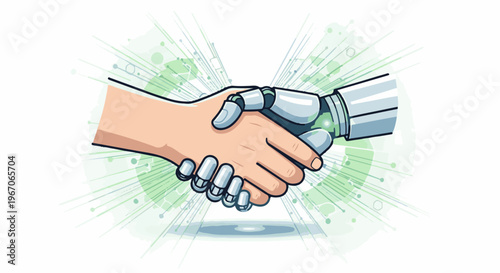 Human and robot shaking hands with digital network background