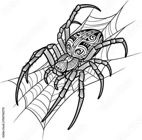 Intricate Tribal Spider Design on Web Illustration.