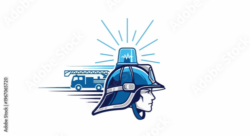 Illustration of a firefighter helmet and truck with flashing lights