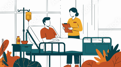 Nurse checking on a male patient recovering in a hospital room bed