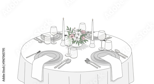 Elegant Round Table Setting with Floral Centerpiece and Candles