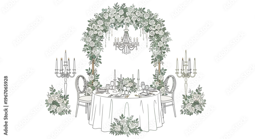 Naklejka premium Elegant Wedding Table Setting Under Floral Arch with Chandelier
