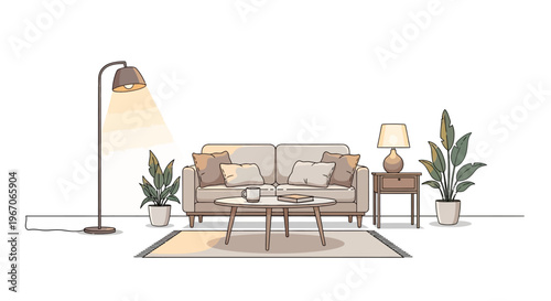 Cozy living room interior with sofa, floor lamp, coffee table, and plants.