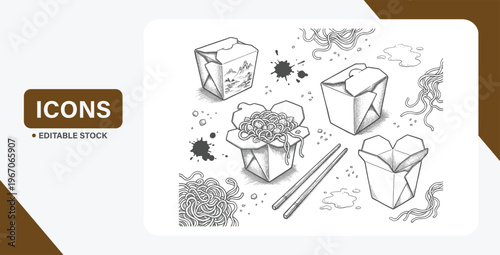 Hand-drawn Chinese takeout boxes with noodles and chopsticks in sketch illustration style