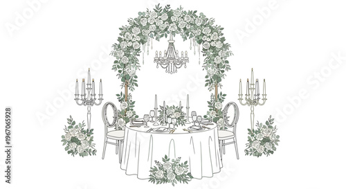 Elegant Wedding Table Setting Under Floral Arch with Chandelier