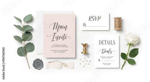 Wedding Invitation Suite Flat Lay: Main Invite, RSVP, Details Cards with Eucalyptus and Rose