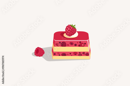 Sweet raspberry mousse cake with jelly layers and fresh fruit garnish, flat vector illustration.