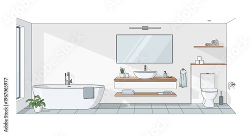 Modern Bathroom Interior, Bathtub, Sink, Toilet, Shelves, Natural Light, Clean Design