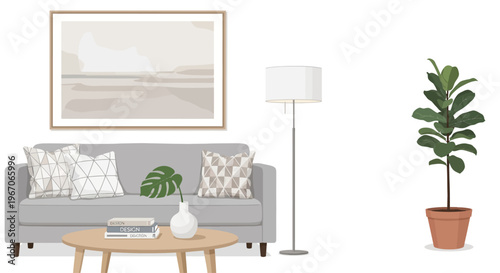 Cozy Living Room Scene with Sofa, Coffee Table, Floor Lamp, and Fiddle Leaf Fig Plant