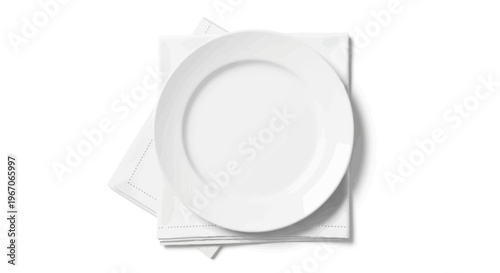 Clean White Plate on Folded Napkin Isolated on White Background