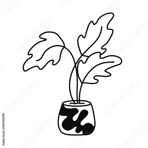 Houseplant with large leaves doodle clip art illustration. Hand drawn plant in clay pot with painting. Vector graphic, interior element for home, office, apartment