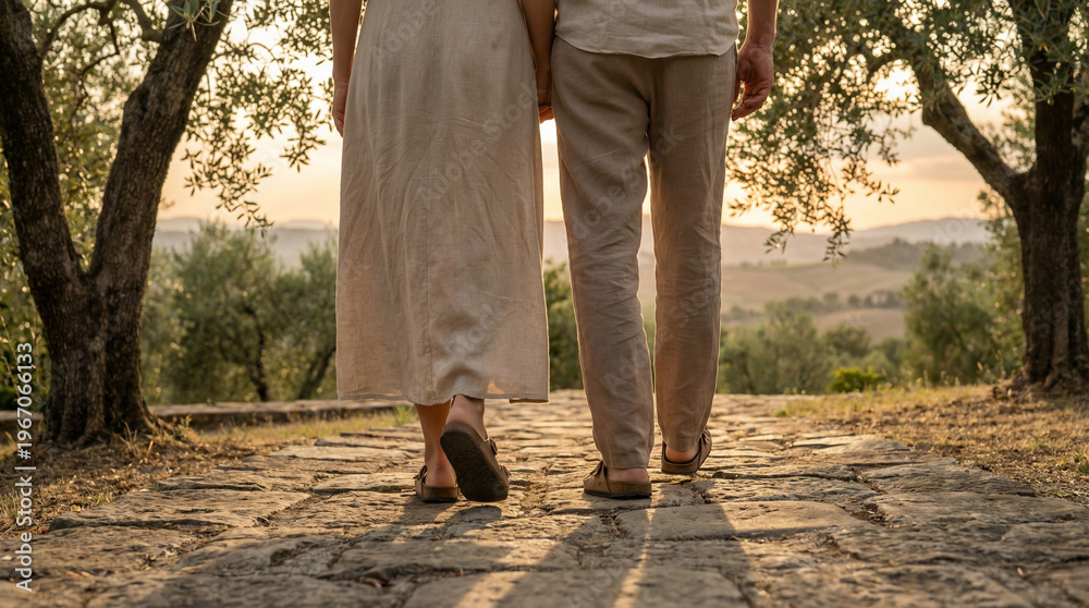 Obraz premium Close-up from behind of couple walking on stone path through olive trees, neutral linen clothing, soft evening light, dappled shadows, Tuscan landscape, quiet luxury