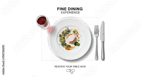 Gourmet Meal Plated Elegantly with Wine Glass and Cutlery, Fine Dining Experience