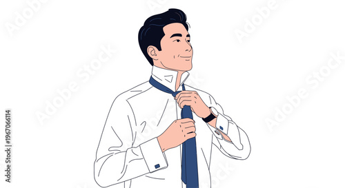 Man tying blue necktie, getting dressed in white dress shirt, confident business look, isolated on white