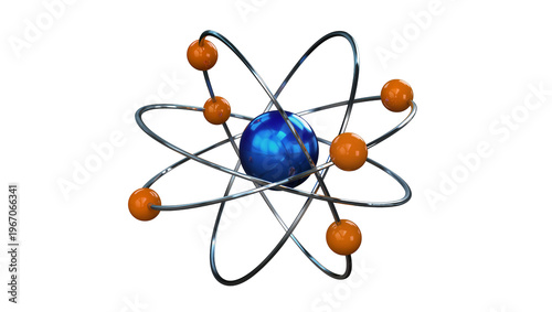 Obraz na płótnie Blue nucleus atom model with orbiting orange electrons, isolated on transparent