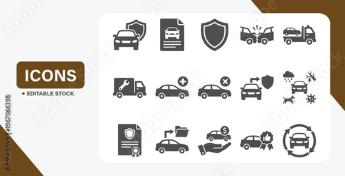 Car insurance icon set featuring coverage, protection, assistance, and safety service symbols
