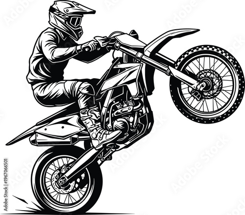 Motocross rider silhouette, dirt bike stunt, extreme sport action, off road motorcycle, jumping trick, racing adrenaline, vector illustration design