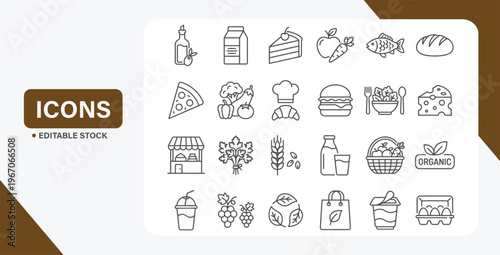 Dessert and sweet food line icon set featuring bakery, candy, pastry, and confectionery items