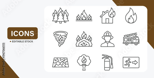 Fire safety and wildfire emergency icon set with evacuation, firefighter, and forest hazard symbols