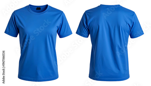 Royal blue t-shirt, front and back views, against a dark background