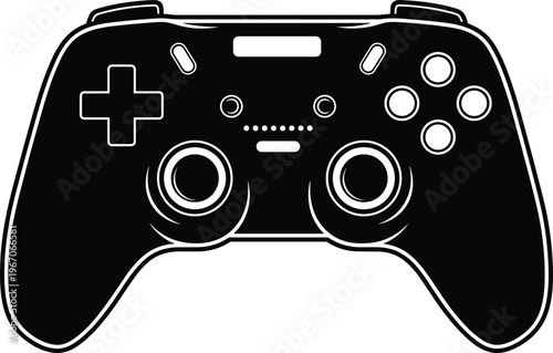 Game controller silhouette, gaming joystick icon, video game pad, console controller, technology device, esports equipment, isolated vector illustration, black design